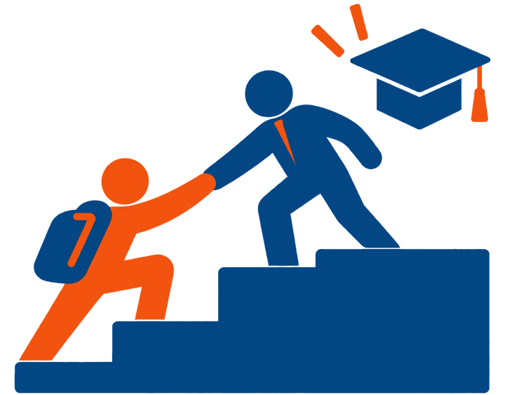 Ilustração do Programa Adote um Aluno: um empresário estende a mão e ajuda um jovem com mochila a subir a escada rumo à formatura